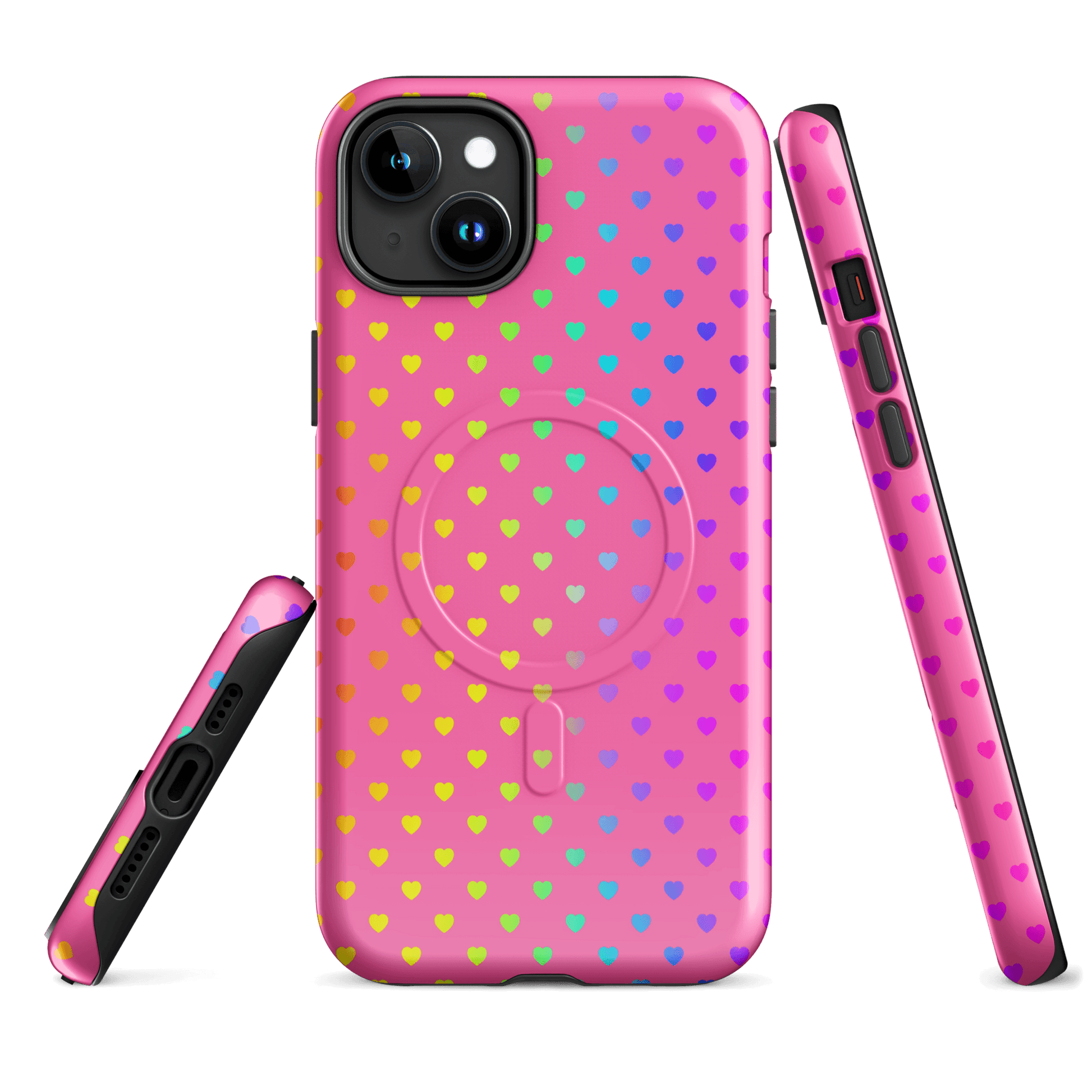 Magnetic Phone Case for iPhone with cute rainbow hearts on a pink background, offering vibrant style and durable protection.