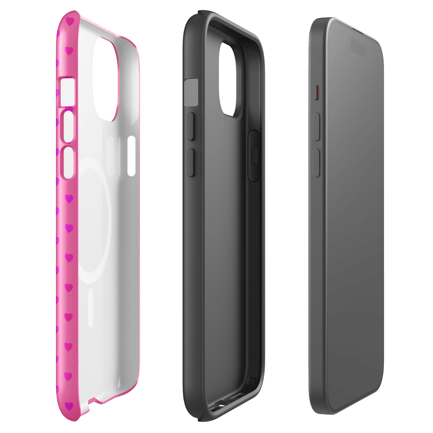 Side view of Magnetic Phone Case for iPhone with cute rainbow hearts on pink background, dual-layer protection displayed.