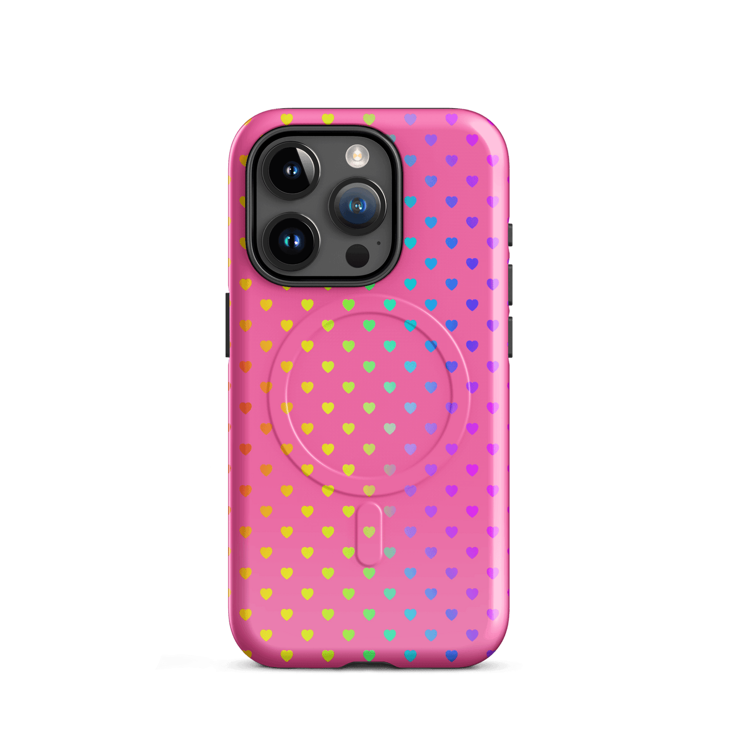 Magnetic Phone Case for iPhone with cute rainbow hearts on pink backdrop