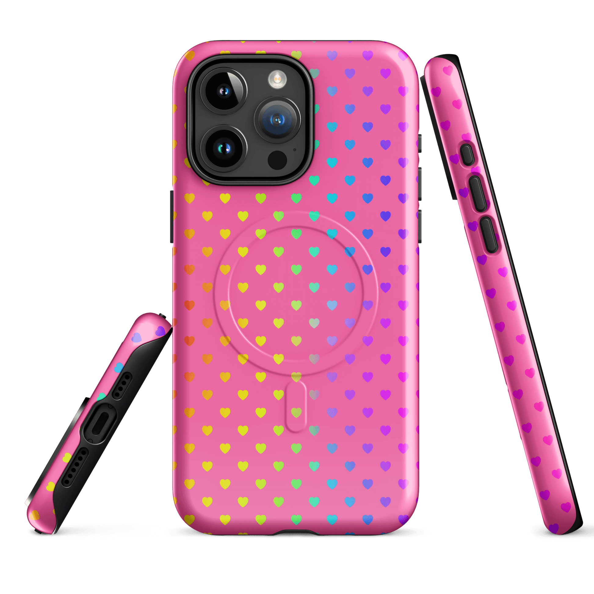 Magnetic Phone Case for iPhone with cute rainbow hearts on pink background, showcasing colorful and playful design.