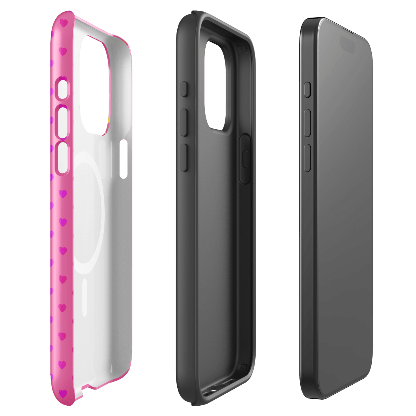 Magnetic Phone Case for iPhone with cute rainbow hearts on pink background, offering dual-layer protection.