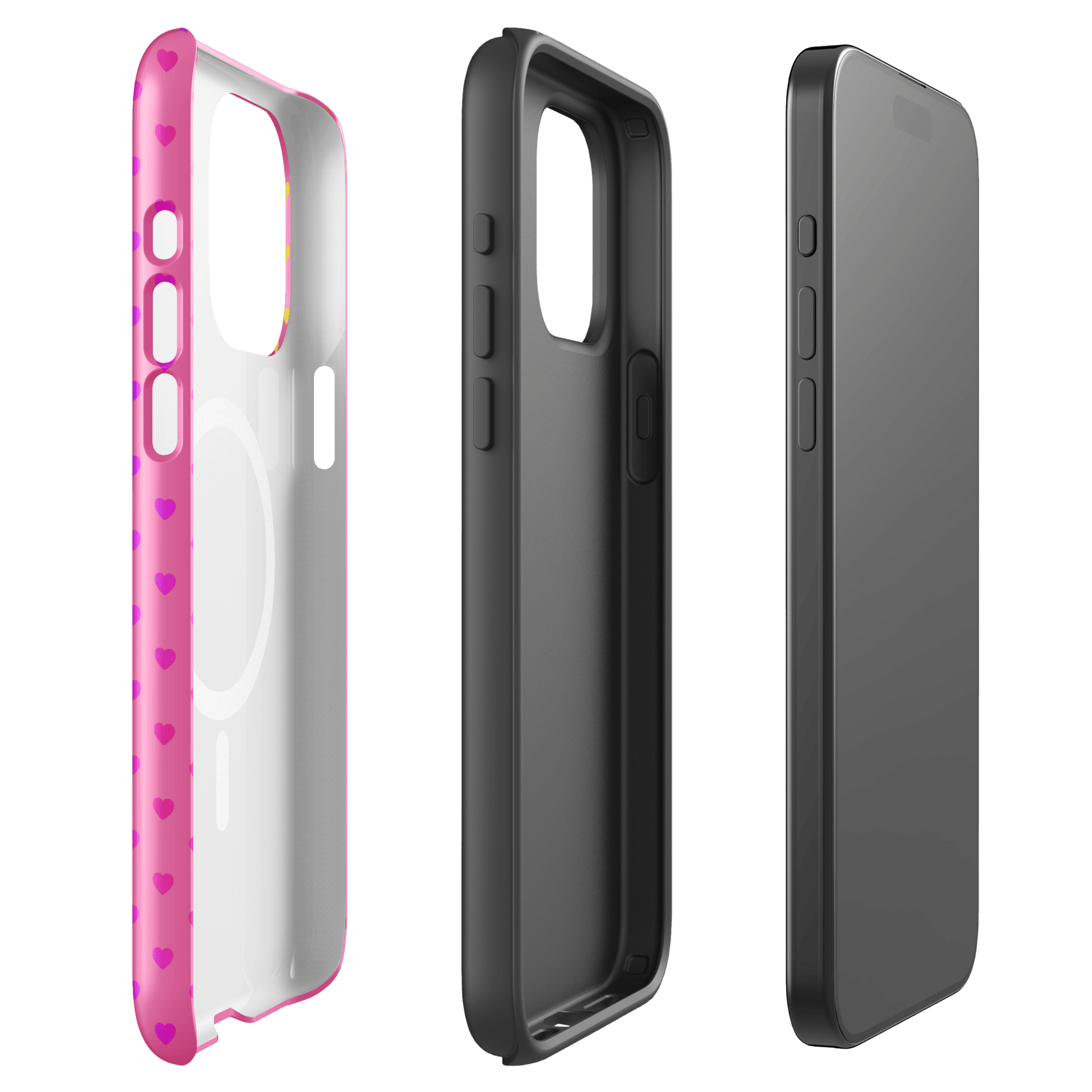 Magnetic Phone Case for iPhone with cute rainbow hearts on pink background, offering dual-layer protection.
