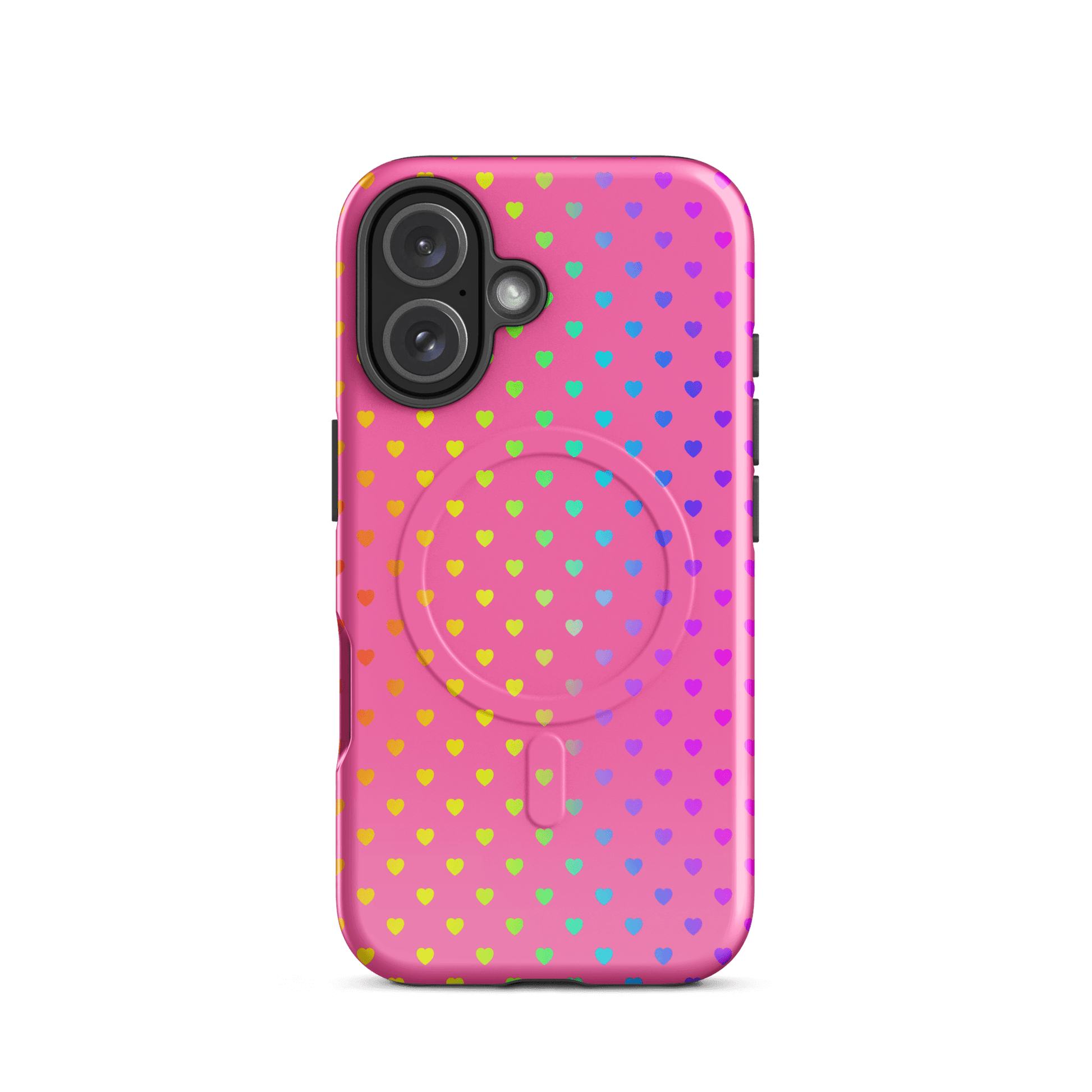 Magnetic Phone Case for iPhone with pink backdrop and colorful rainbow hearts.