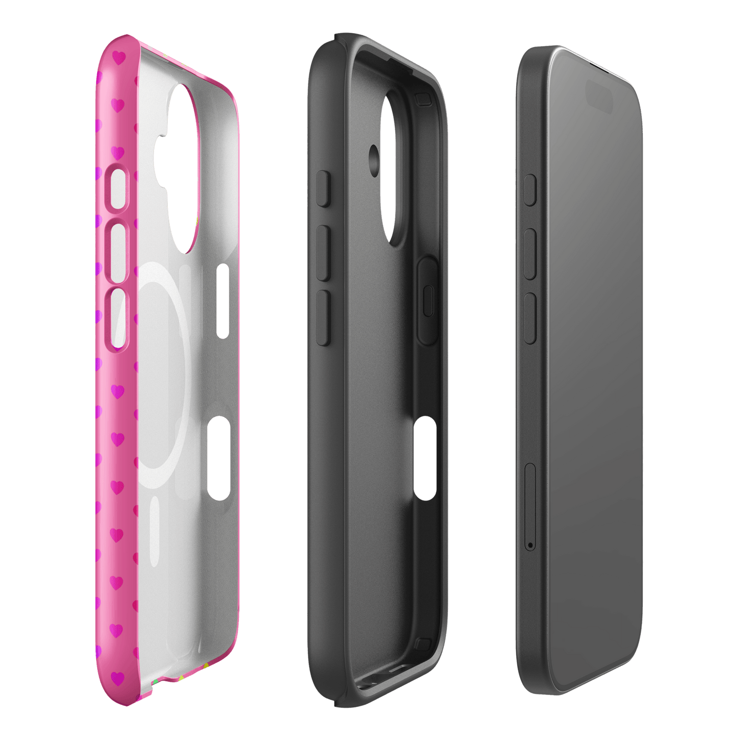 Magnetic Phone Case with rainbow heart design on pink, showcasing dual-layer protection for iPhone. Fun, colorful and protective.