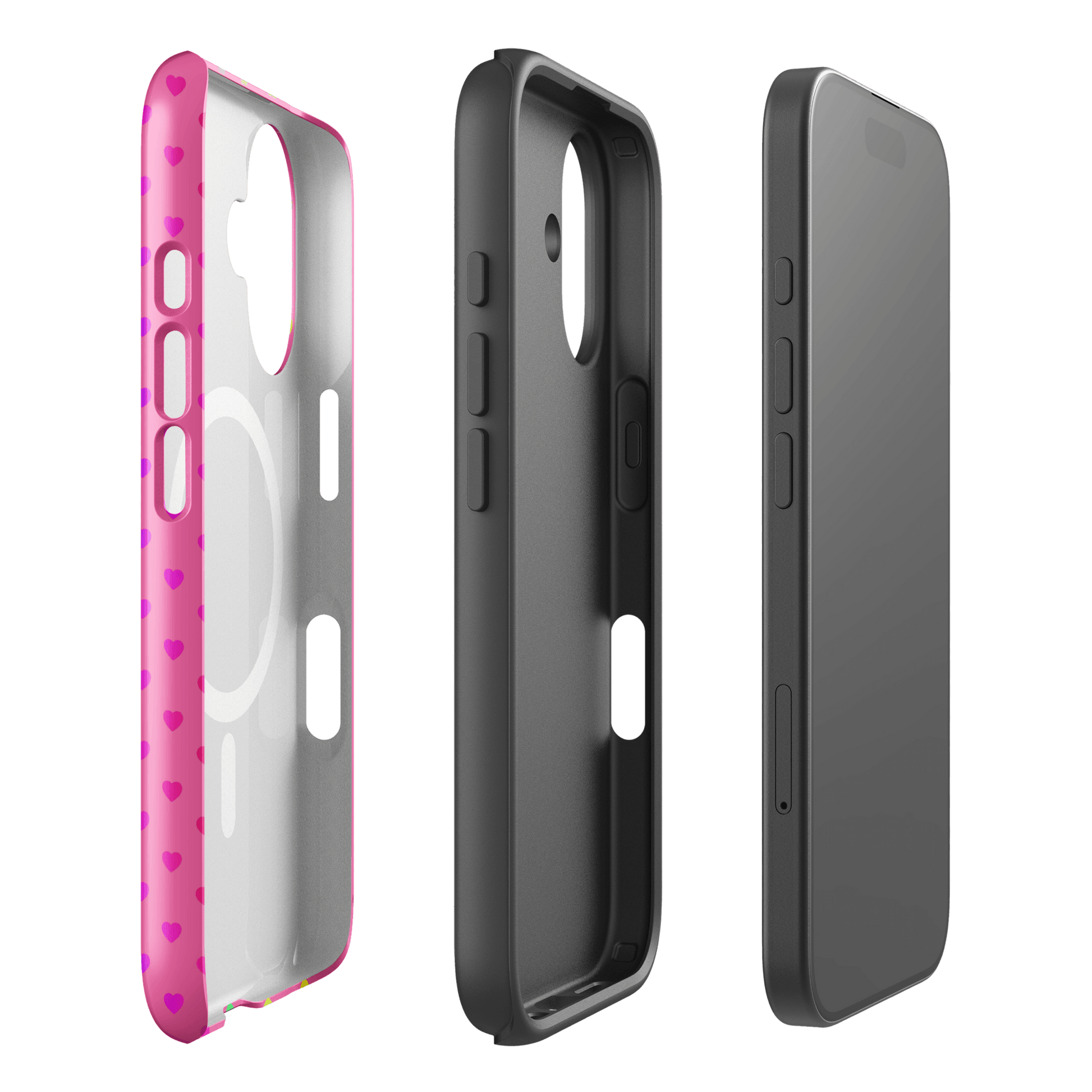 Magnetic Phone Case with rainbow heart design on pink, showcasing dual-layer protection for iPhone. Fun, colorful and protective.