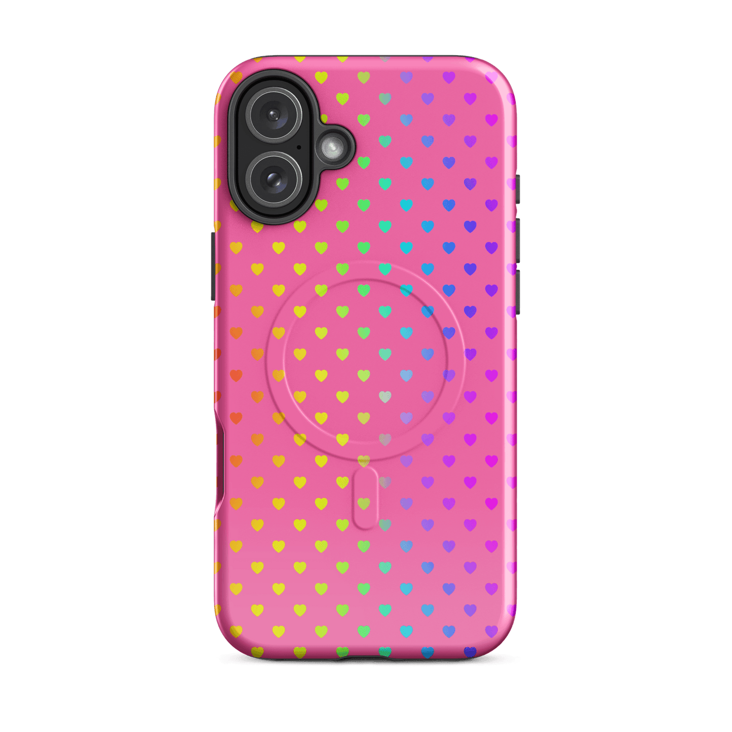 Magnetic Phone Case for iPhone with cute rainbow hearts on a pink backdrop, showcasing playful and colorful design.