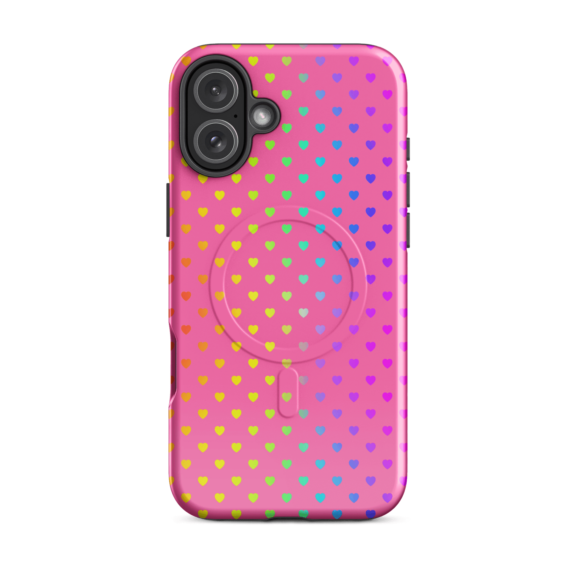 Magnetic Phone Case for iPhone with cute rainbow hearts on a pink backdrop, showcasing playful and colorful design.