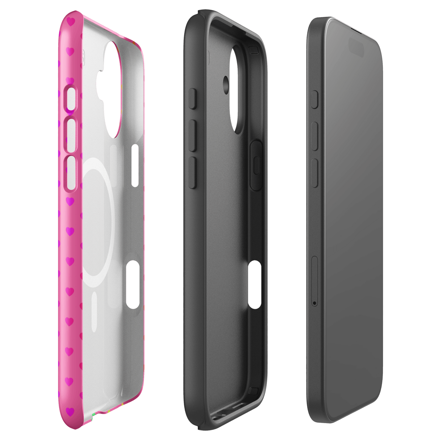 Magnetic Phone Case for iPhone with cute rainbow hearts and protective dual-layer design, pink background