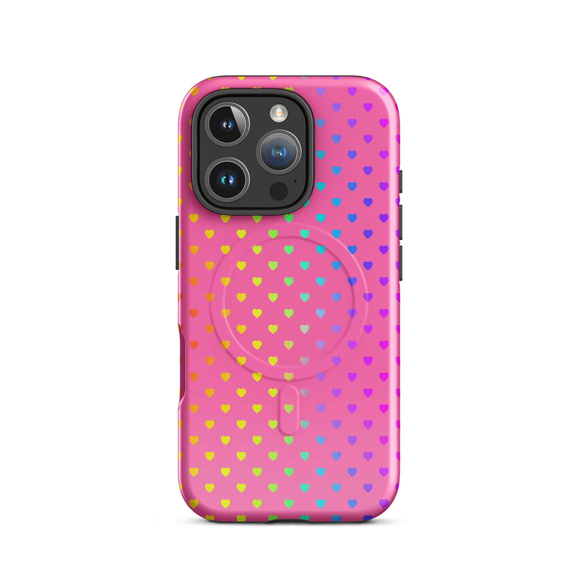 Magnetic Phone Case for iPhone with cute rainbow hearts on pink background, dual-layer design for protection and style.