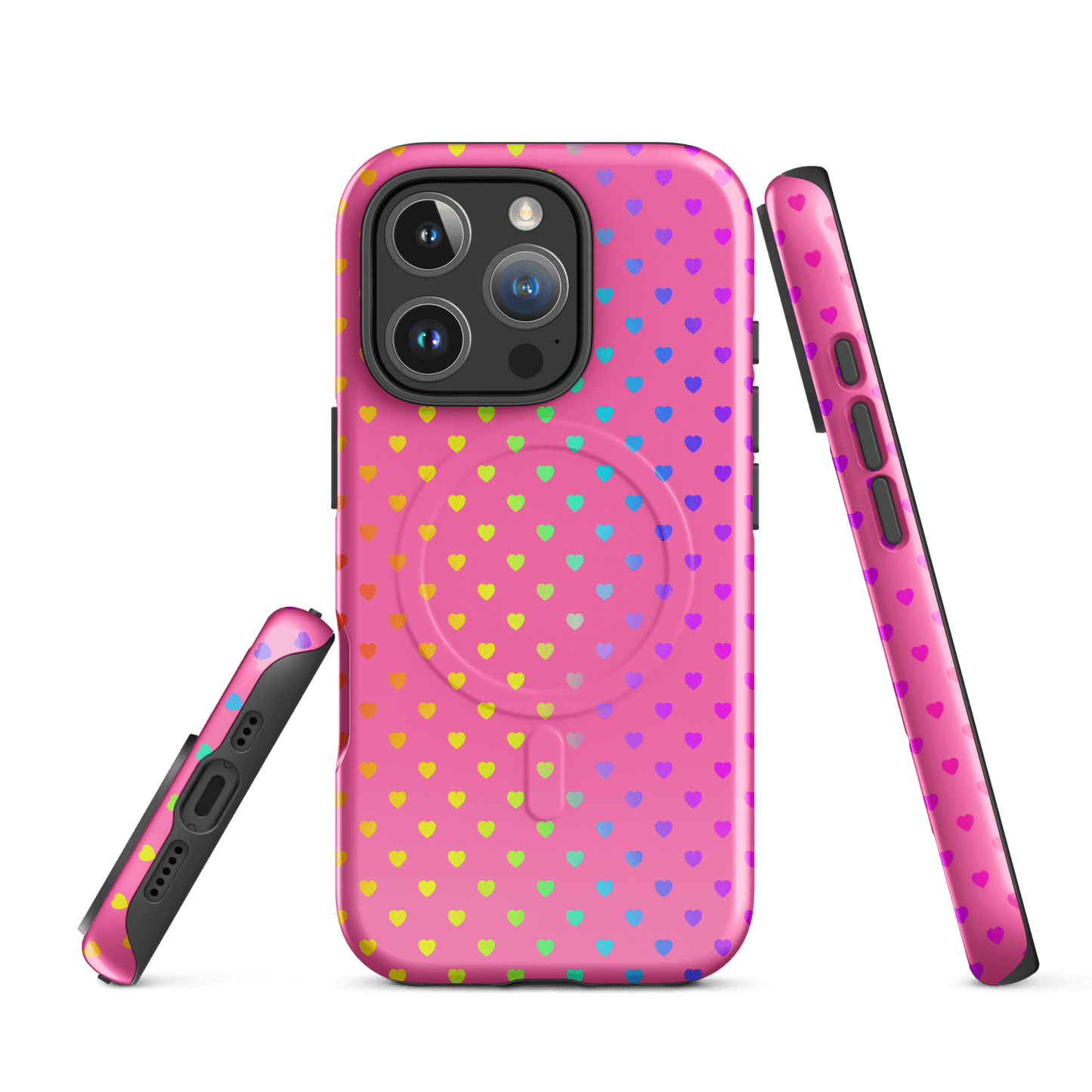 Magnetic Phone Case for iPhone with colorful rainbow hearts on pink background, showcasing playful and protective design.