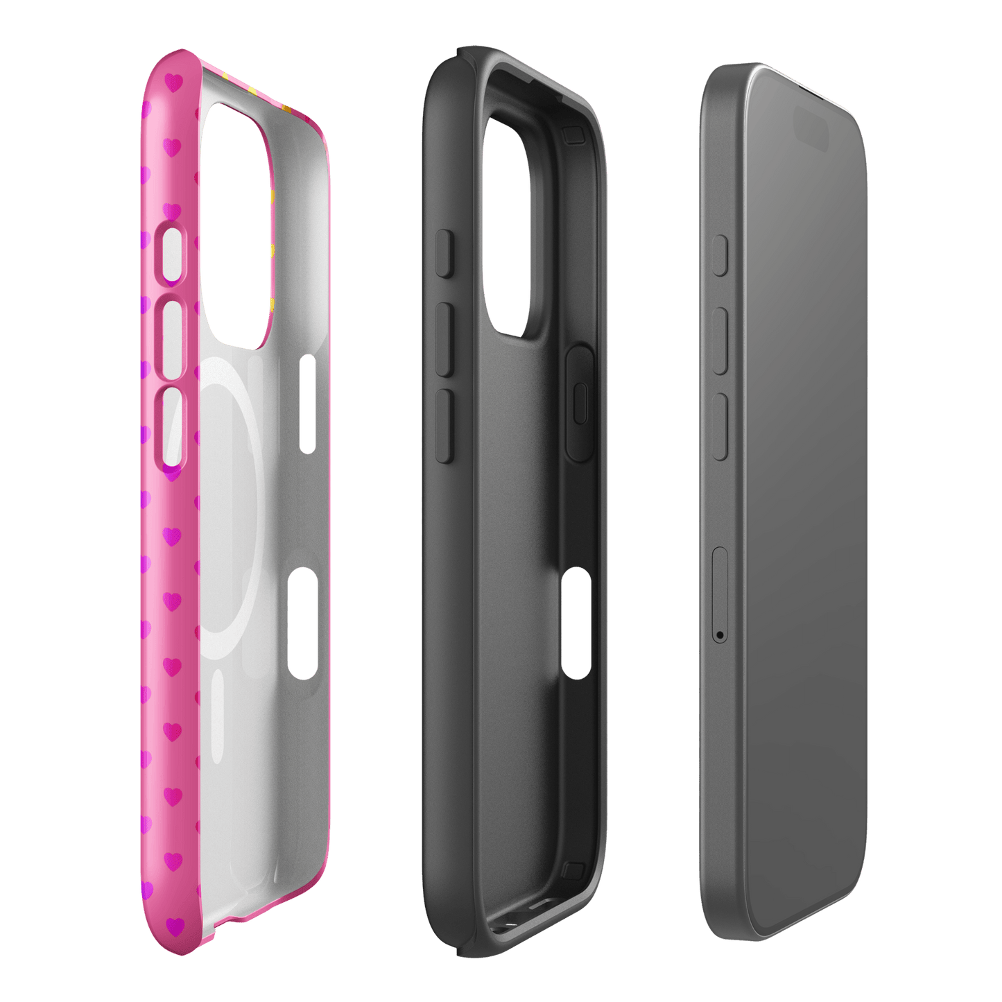 Magnetic Phone Case for iPhone with cute rainbow hearts on bright pink backdrop, showcasing dual-layer protection and vibrant design.