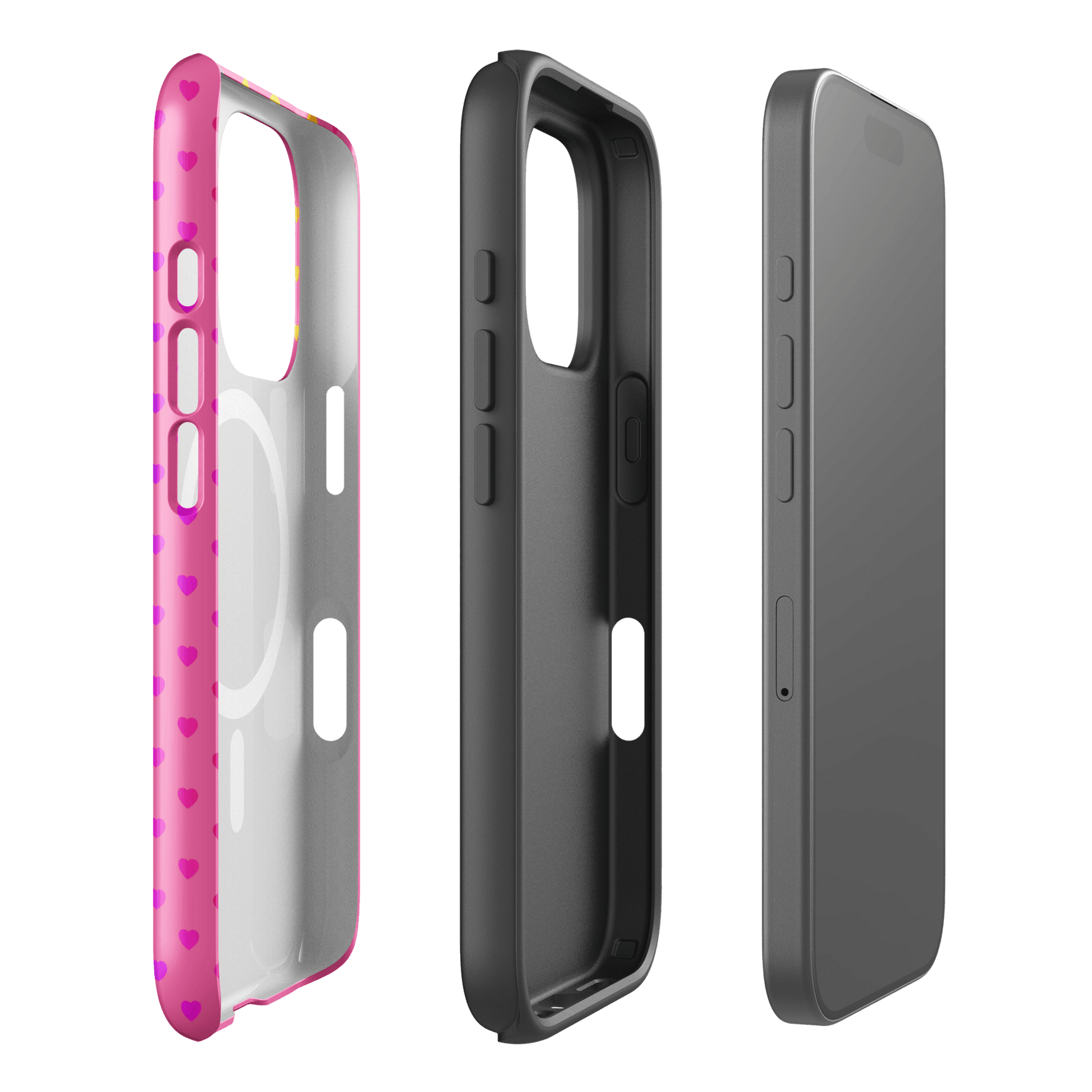 Magnetic Phone Case for iPhone with cute rainbow hearts on bright pink backdrop, showcasing dual-layer protection and vibrant design.