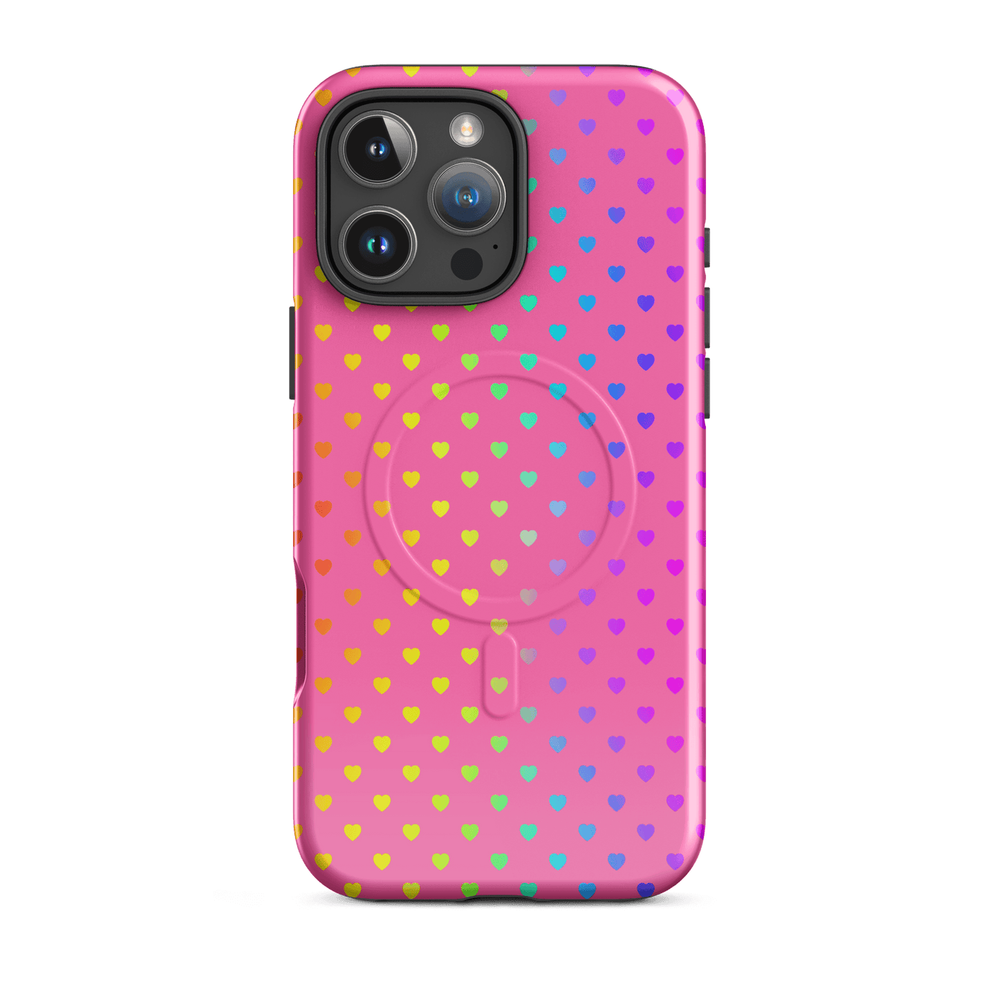 Magnetic Phone Case for iPhone with rainbow heart design on pink background, combining style and protection.