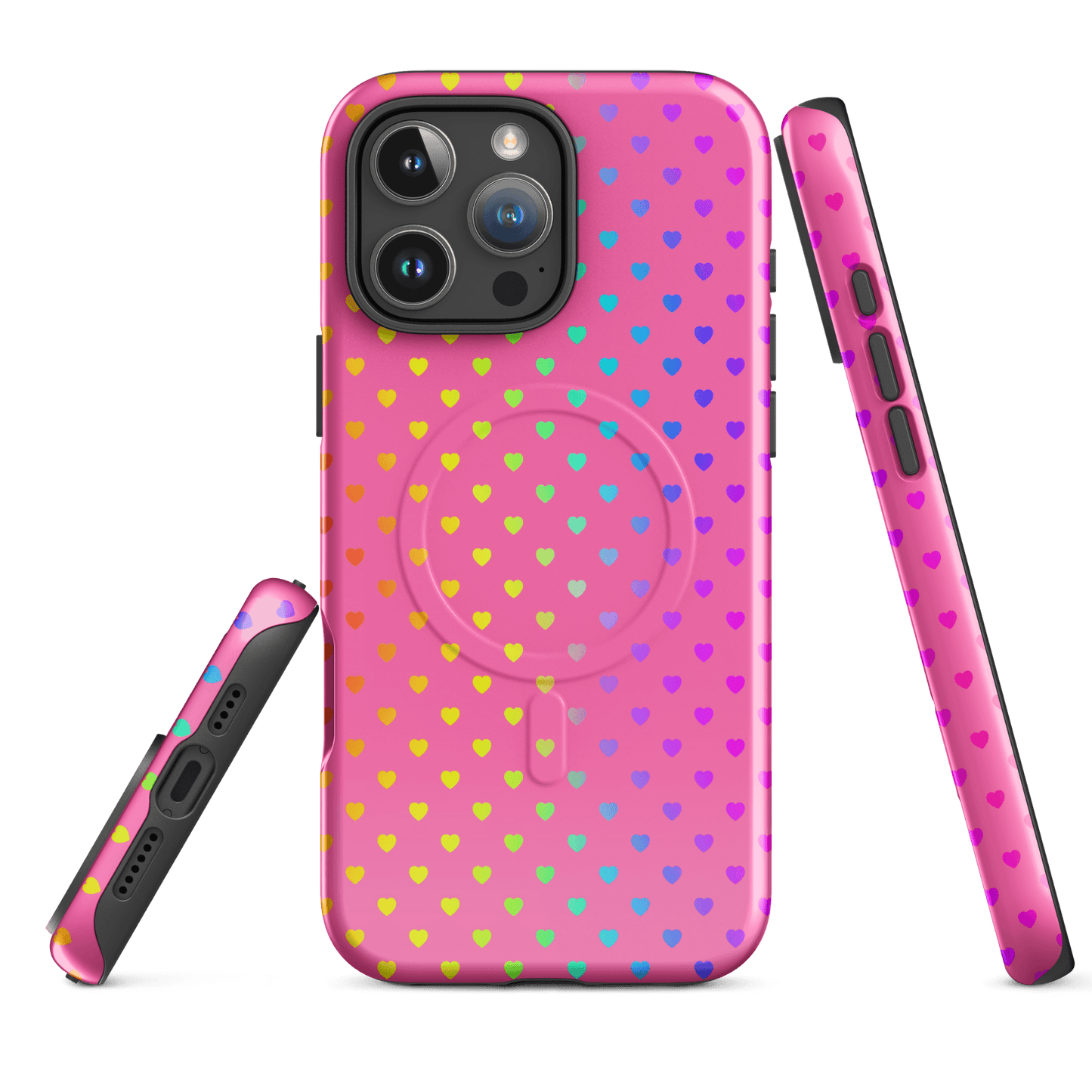 Magnetic Phone Case for iPhone in cute rainbow hearts design on a pink background, showcasing dual-layer protection and vibrant style.