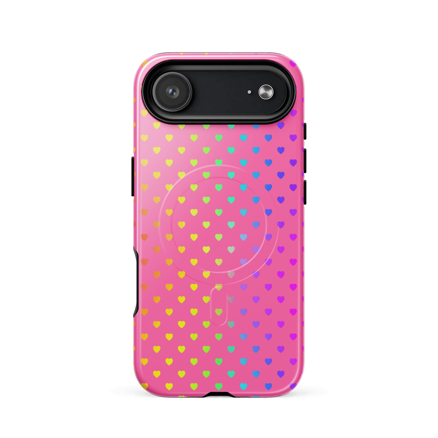 Magnetic Phone Case for iPhone with colorful rainbow hearts on pink background