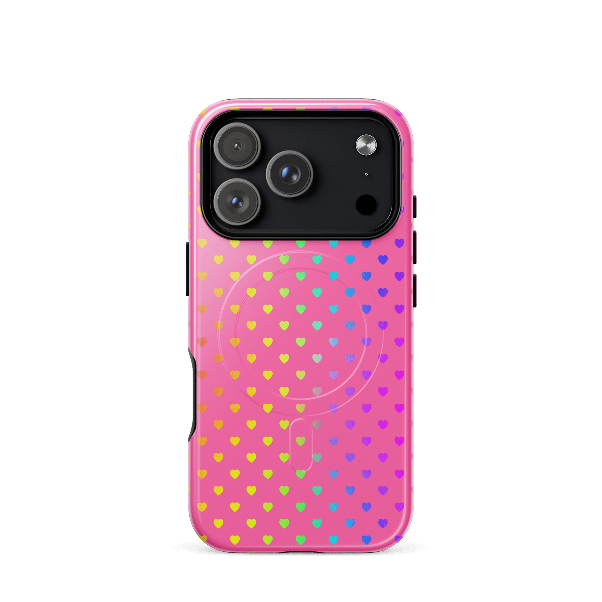 Magnetic Phone Case for iPhone with cute rainbow hearts on pink background, colorful and protective design.
