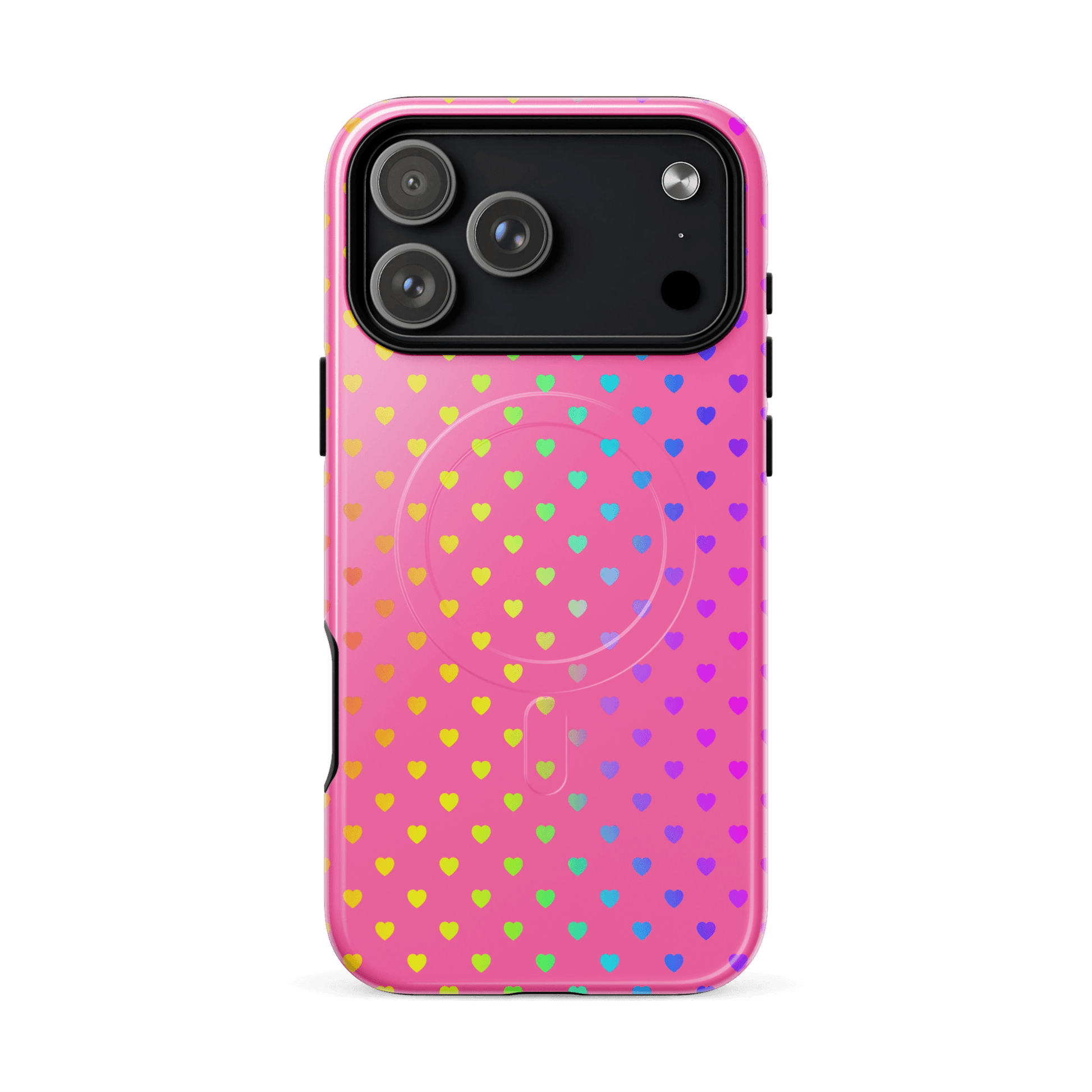 Magnetic Phone Case for iPhone with rainbow hearts on pink background, providing playful charm and protection.