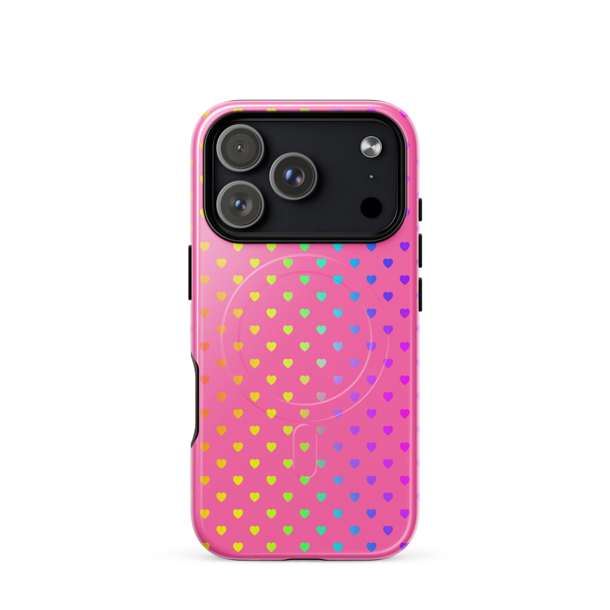 Magnetic Phone Case for iPhone with cute rainbow hearts on pink background, stylish protection for your device.