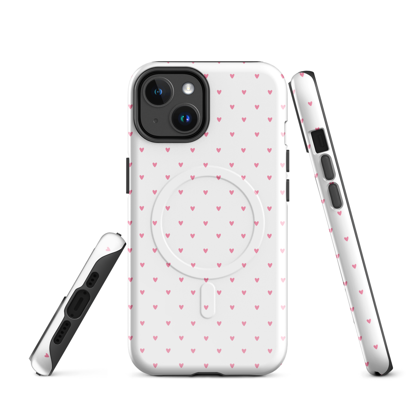 Magnetic Phone Case for iPhone with heart-dot pattern, showcasing cute hearts on a sleek design.