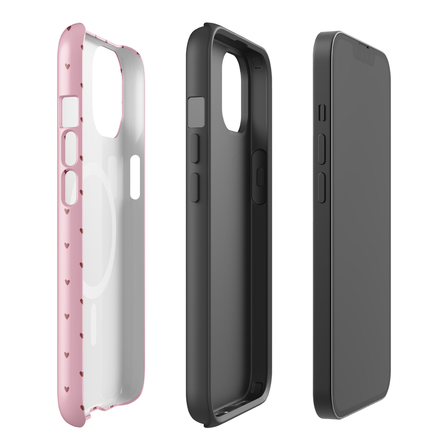 Magnetic Phone Case for iPhone with heart-dot pattern, featuring playful polka-dot design, and minimalist stylish aesthetic in pink and black.