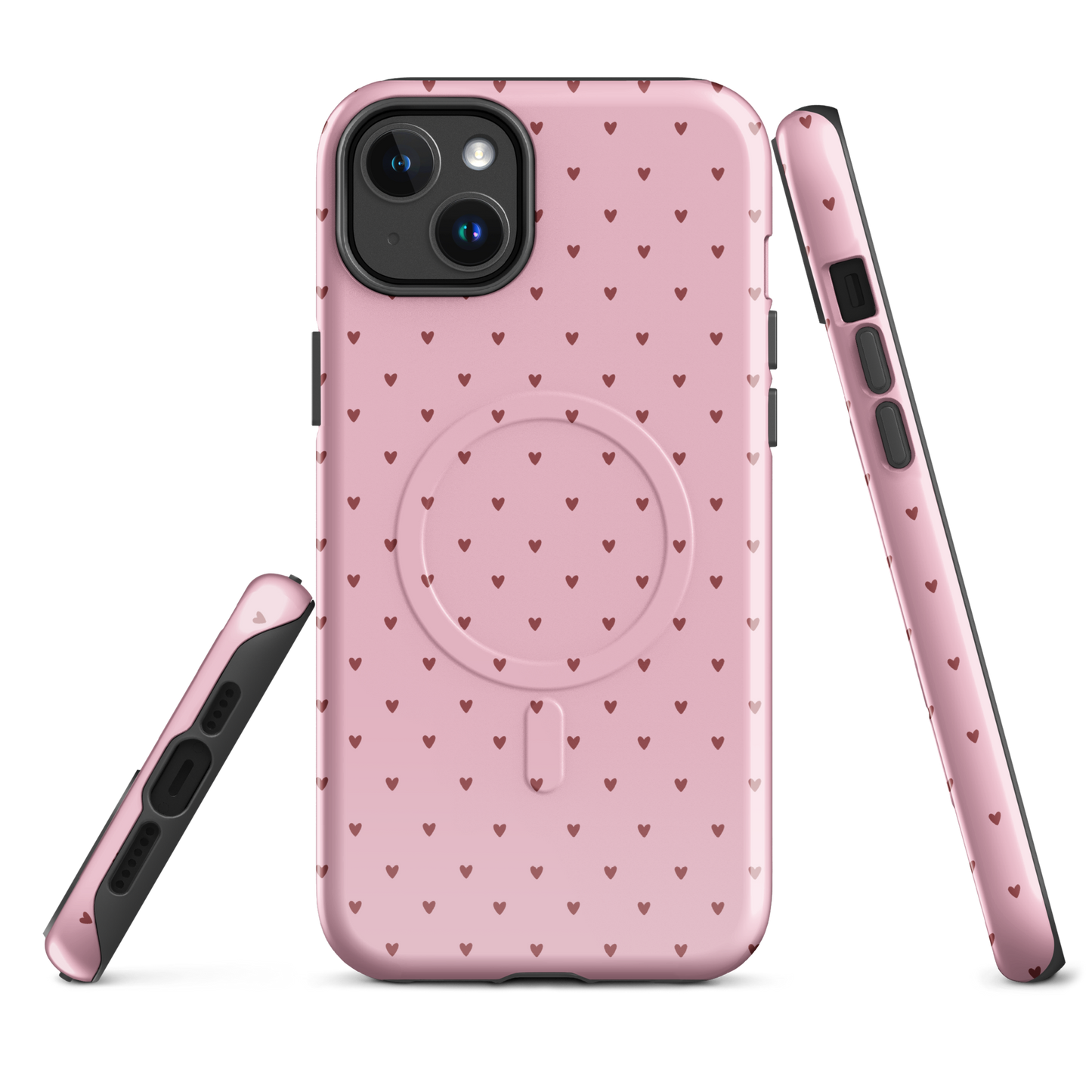 Magnetic Phone Case for iPhone with heart-dot pattern in pink, featuring magnetic alignment and a stylish, playful design.
