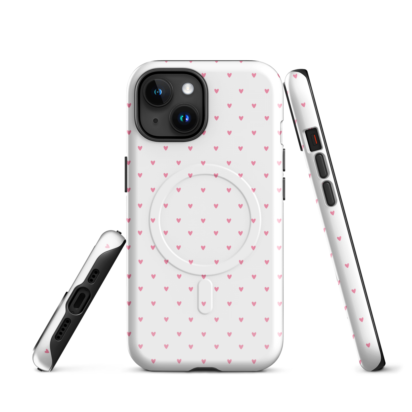 Magnetic Phone Case for iPhone with heart pattern on a white background. Stylish and modern accessory with playful heart design.
