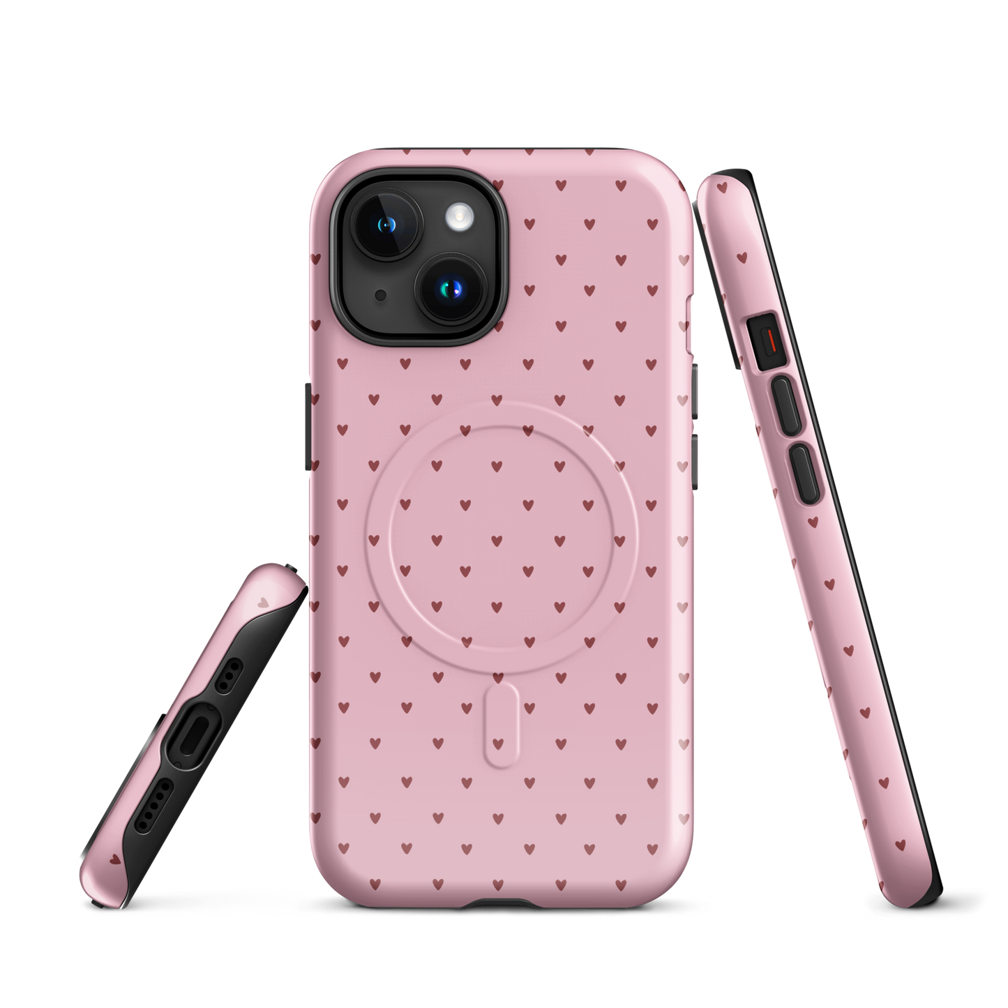 Magnetic Phone Case for iPhone with heart-dot pattern, featuring cute pink hearts on a stylish, bold background.