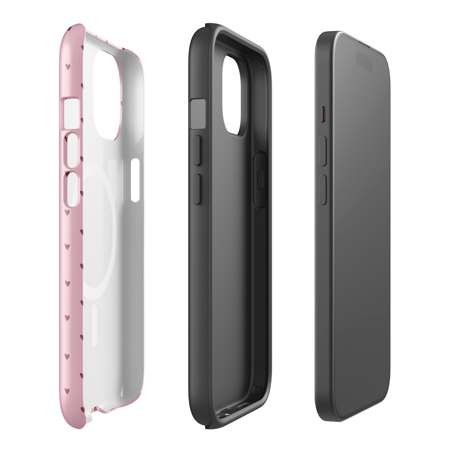 Magnetic Phone Case in heart-dot pattern with polka dots for iPhone, showcasing playful and stylish design with three case angles.