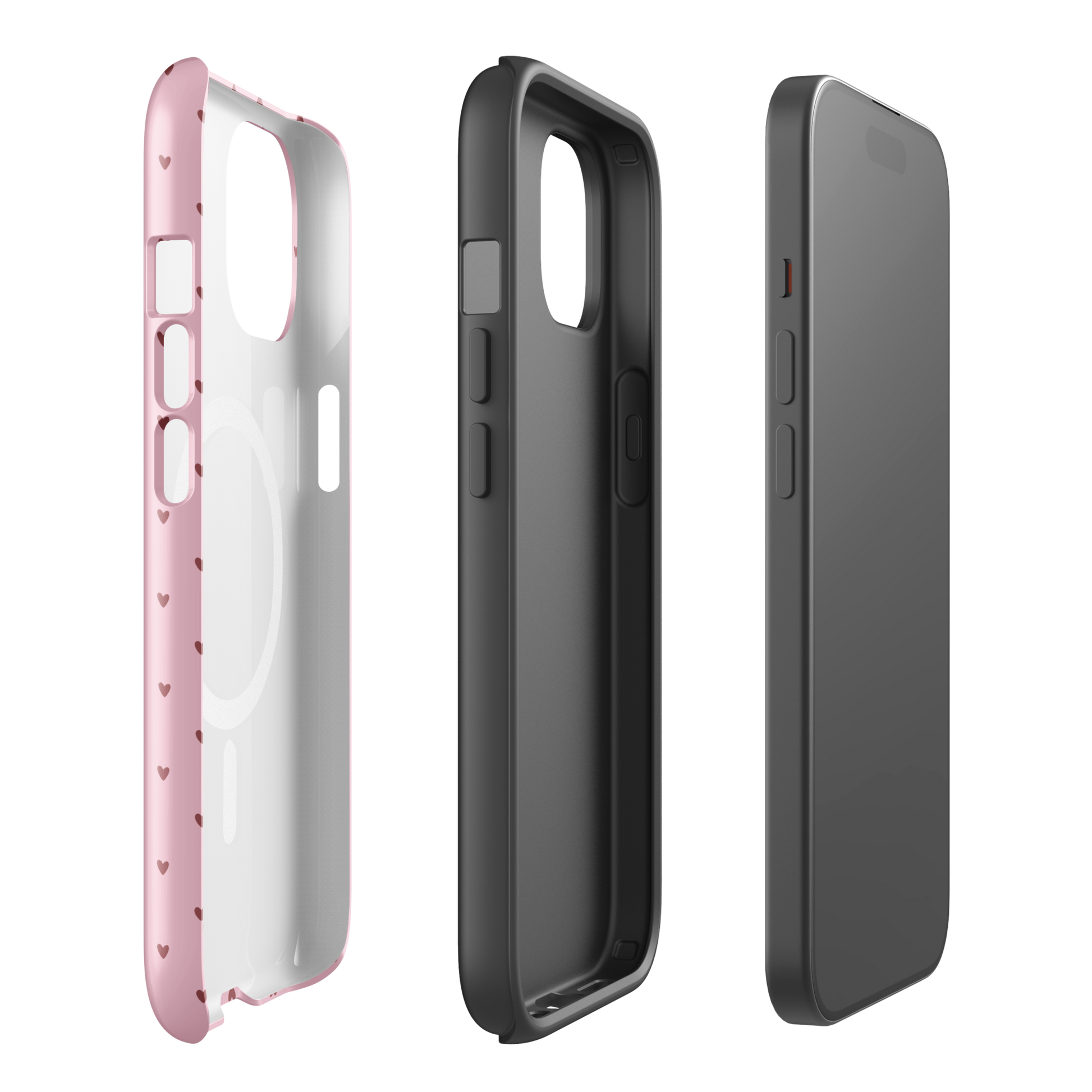 Magnetic Phone Case in heart-dot pattern with polka dots for iPhone, showcasing playful and stylish design with three case angles.