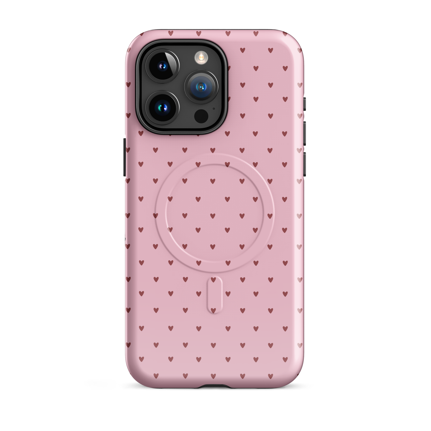Magnetic Phone Case with heart-dot pattern for iPhone, playful design with tiny hearts on pink background, stylish and minimalist.