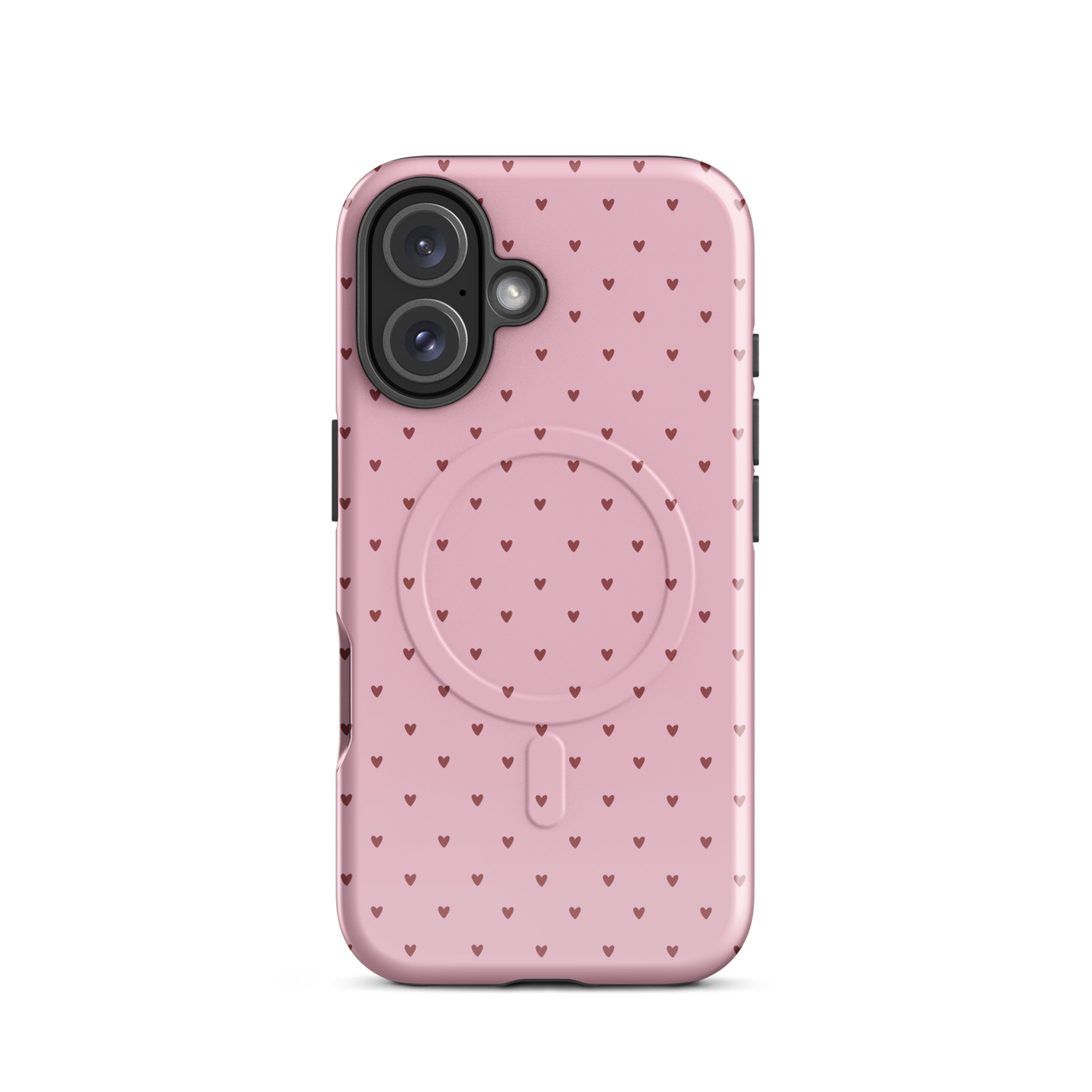 Magnetic Phone Case for iPhone with heart-dot pattern, pink background featuring adorable hearts, stylish and modern design.