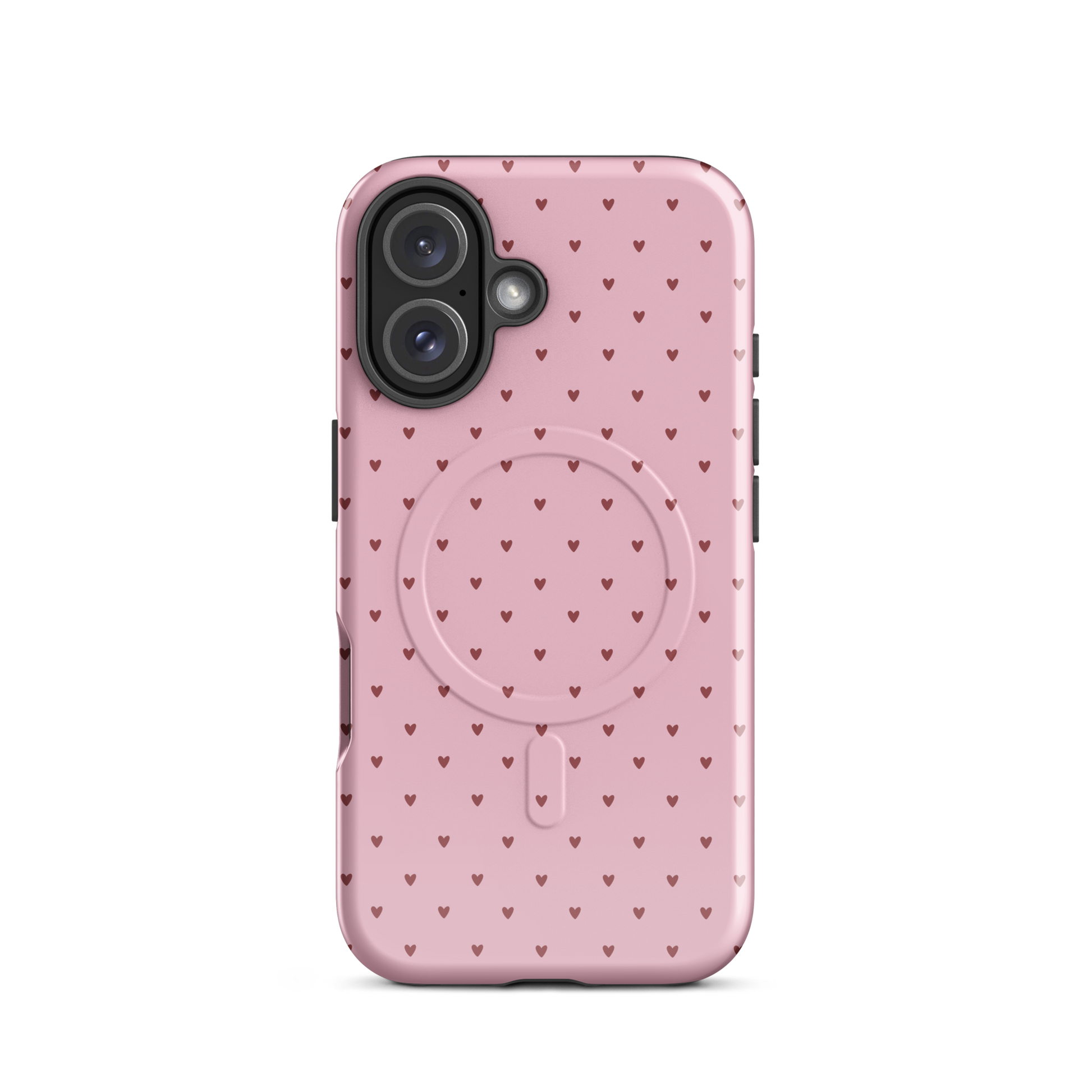 Magnetic Phone Case for iPhone with heart-dot pattern, pink background featuring adorable hearts, stylish and modern design.