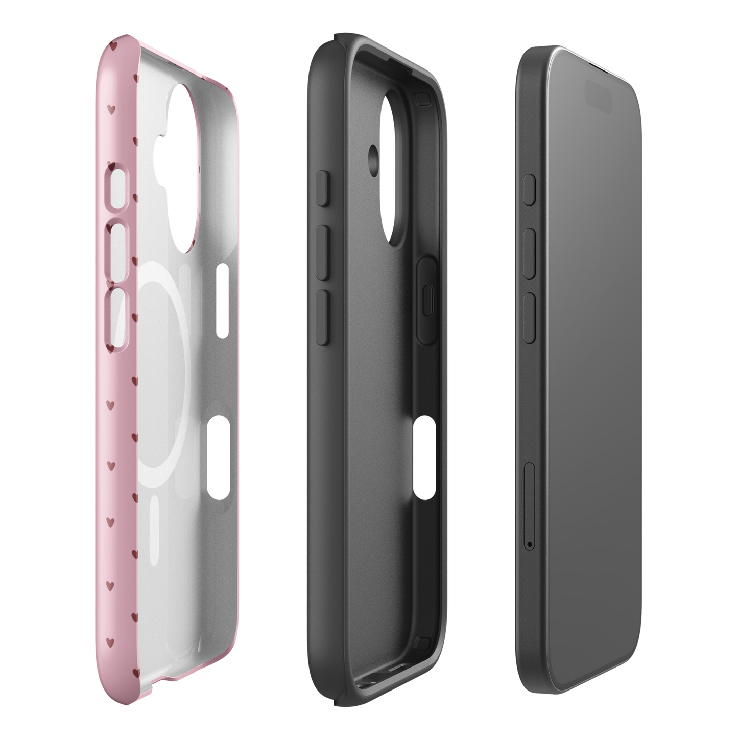 Magnetic Phone Case for iPhone with Heart-Dot Pattern, stylish and modern design, shown in three pieces including a pink heart design.
