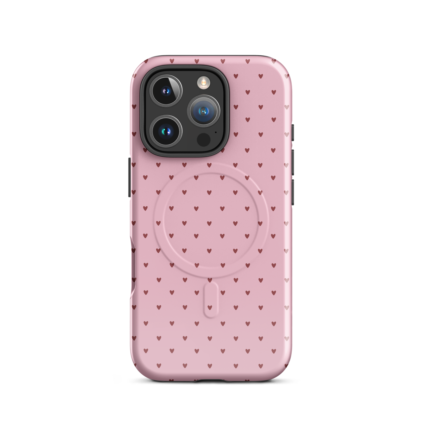 Magnetic Phone Case for iPhone with heart-dot pattern, featuring playful hearts on a bold background.