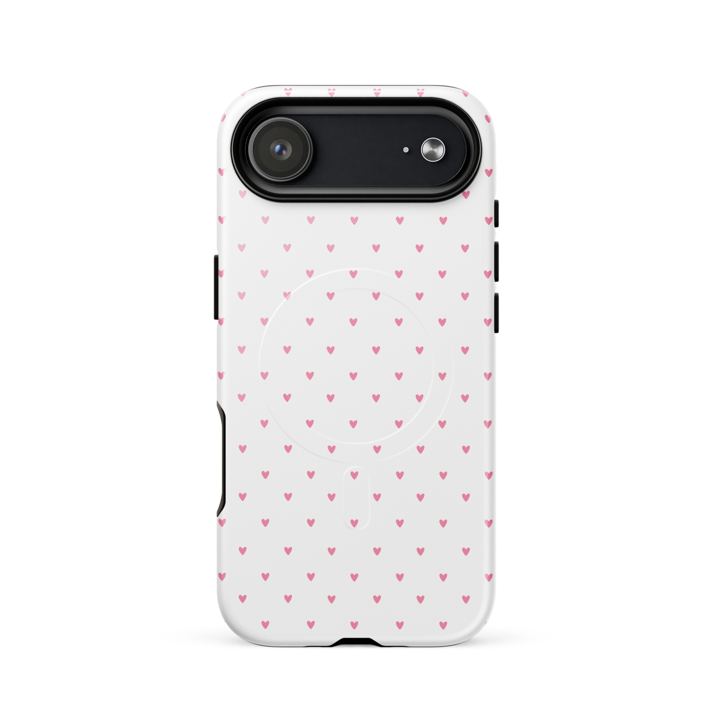 Magnetic Phone Case for iPhone with white background and heart-dot pattern, showcasing cute, stylish design.