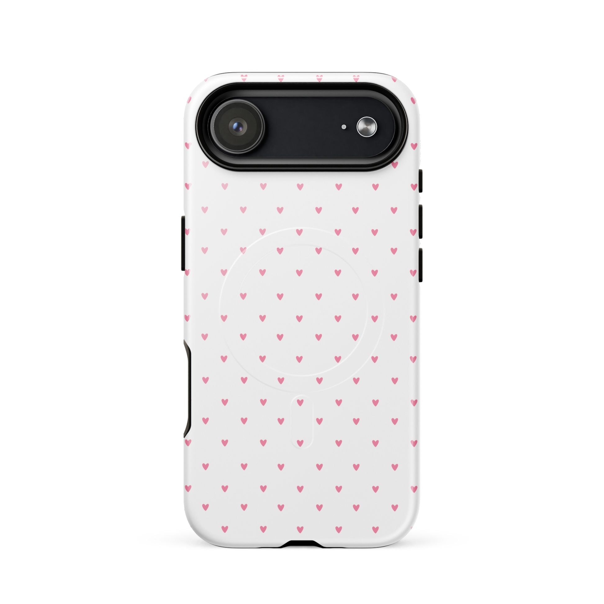 Magnetic Phone Case for iPhone with white background and heart-dot pattern, showcasing cute, stylish design.