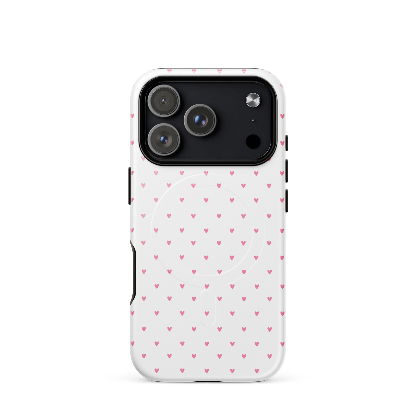 Magnetic Phone Case with heart-dot pattern for iPhone, featuring playful tiny hearts on a white background.