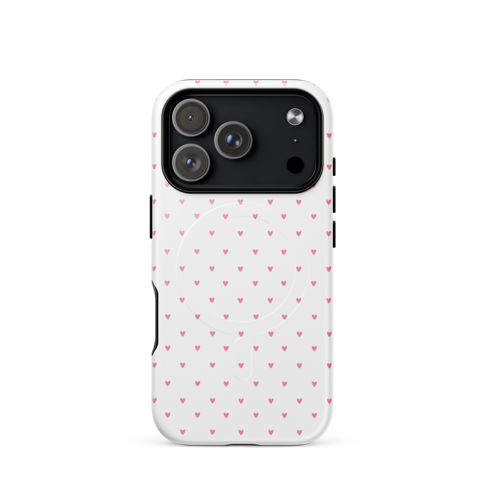 Magnetic Phone Case with heart-dot pattern for iPhone, featuring playful tiny hearts on a white background.