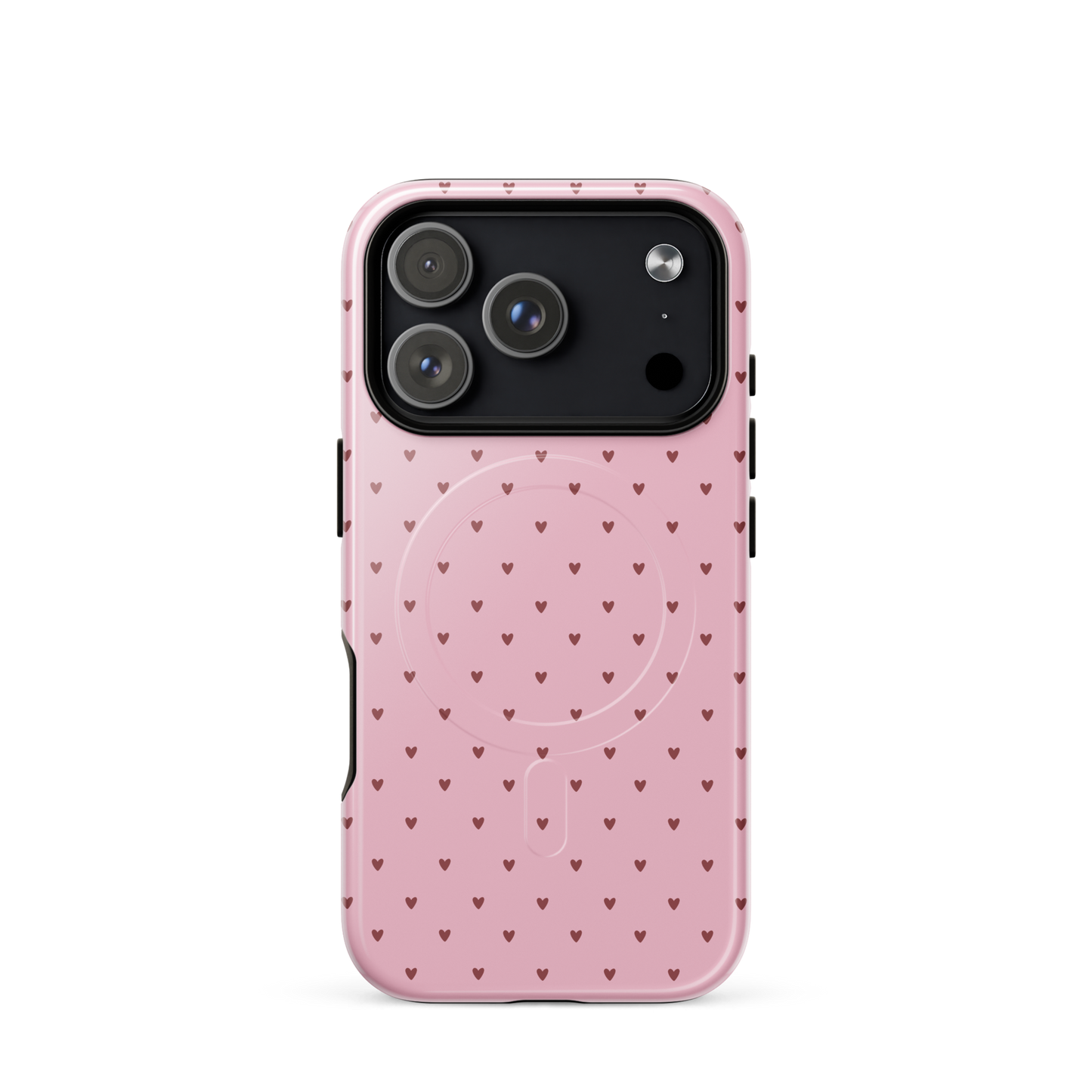 Magnetic Phone Case for iPhone with heart-dot pattern and playful polka-dot design on pink background.
