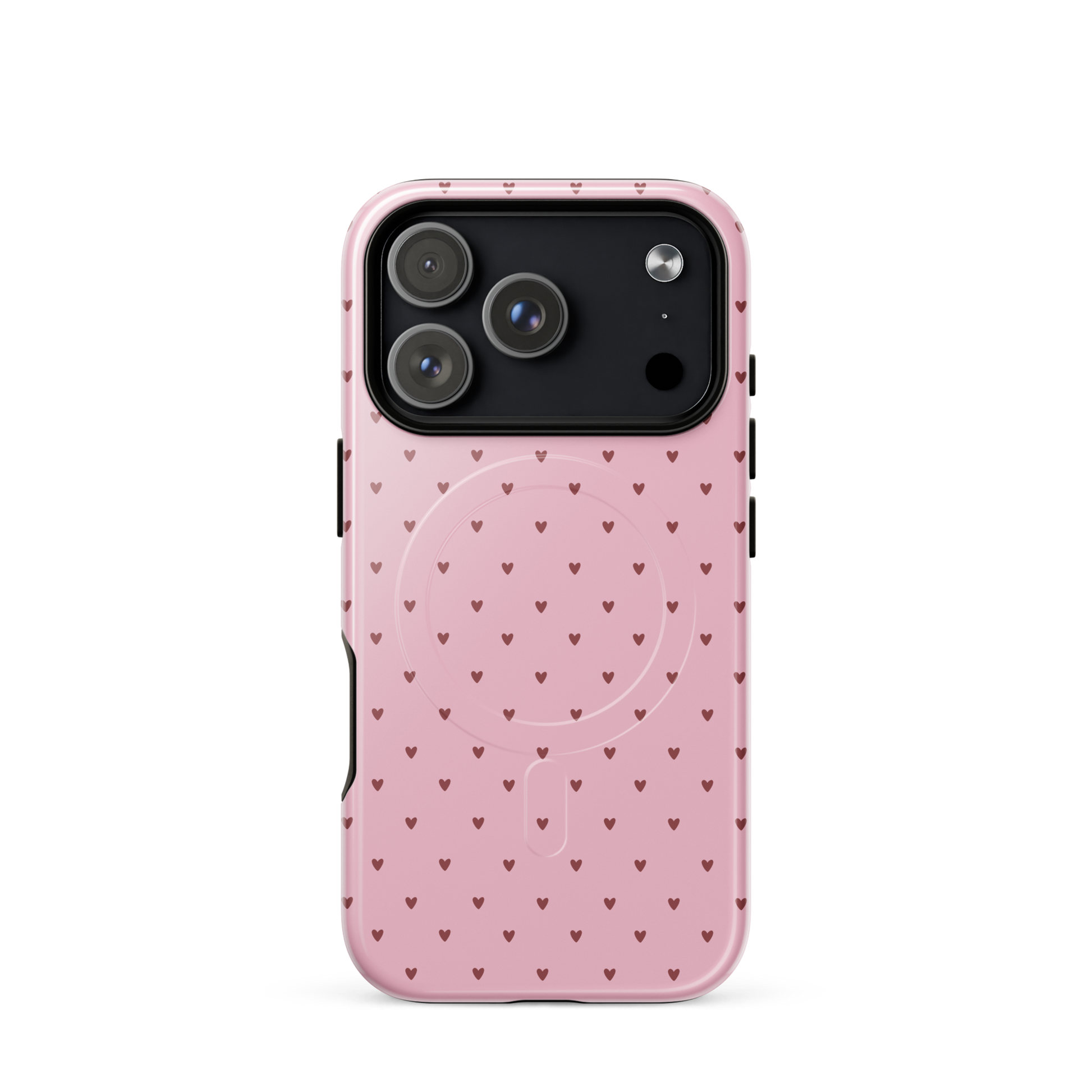 Magnetic Phone Case for iPhone with heart-dot pattern and playful polka-dot design on pink background.