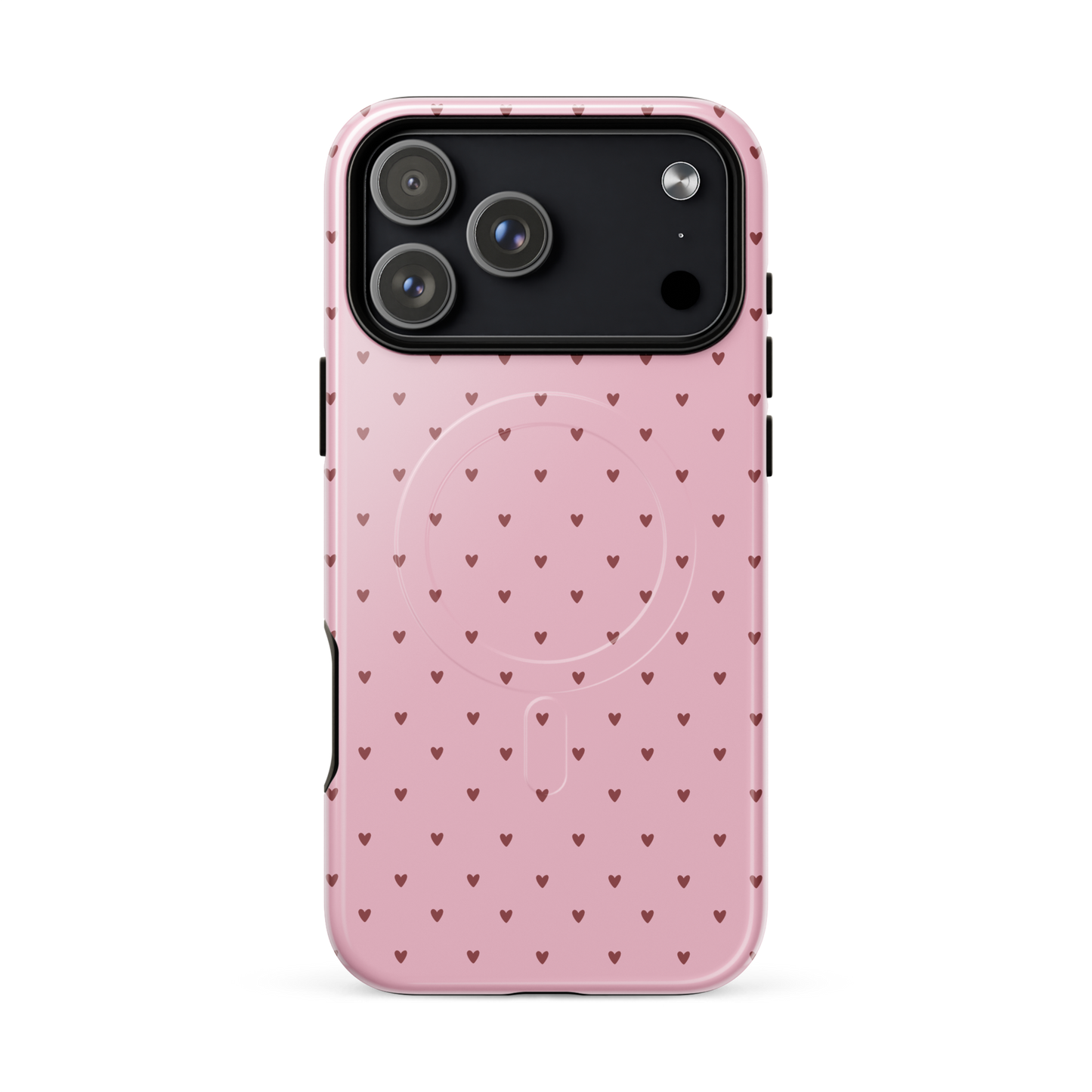 Magnetic Phone Case for iPhone with Heart-Dot Pattern, pink background, showcasing minimalist yet playful polka-dot design.