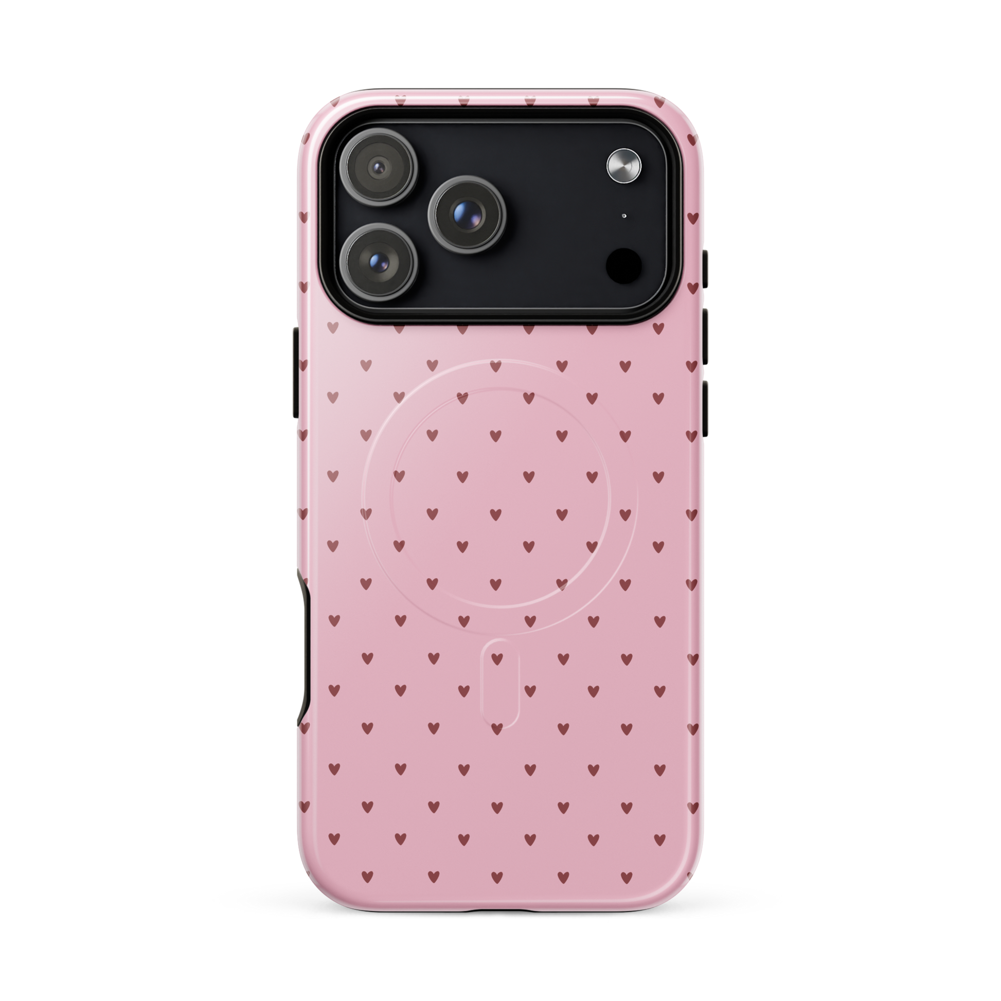 Magnetic Phone Case for iPhone with Heart-Dot Pattern, pink background, showcasing minimalist yet playful polka-dot design.