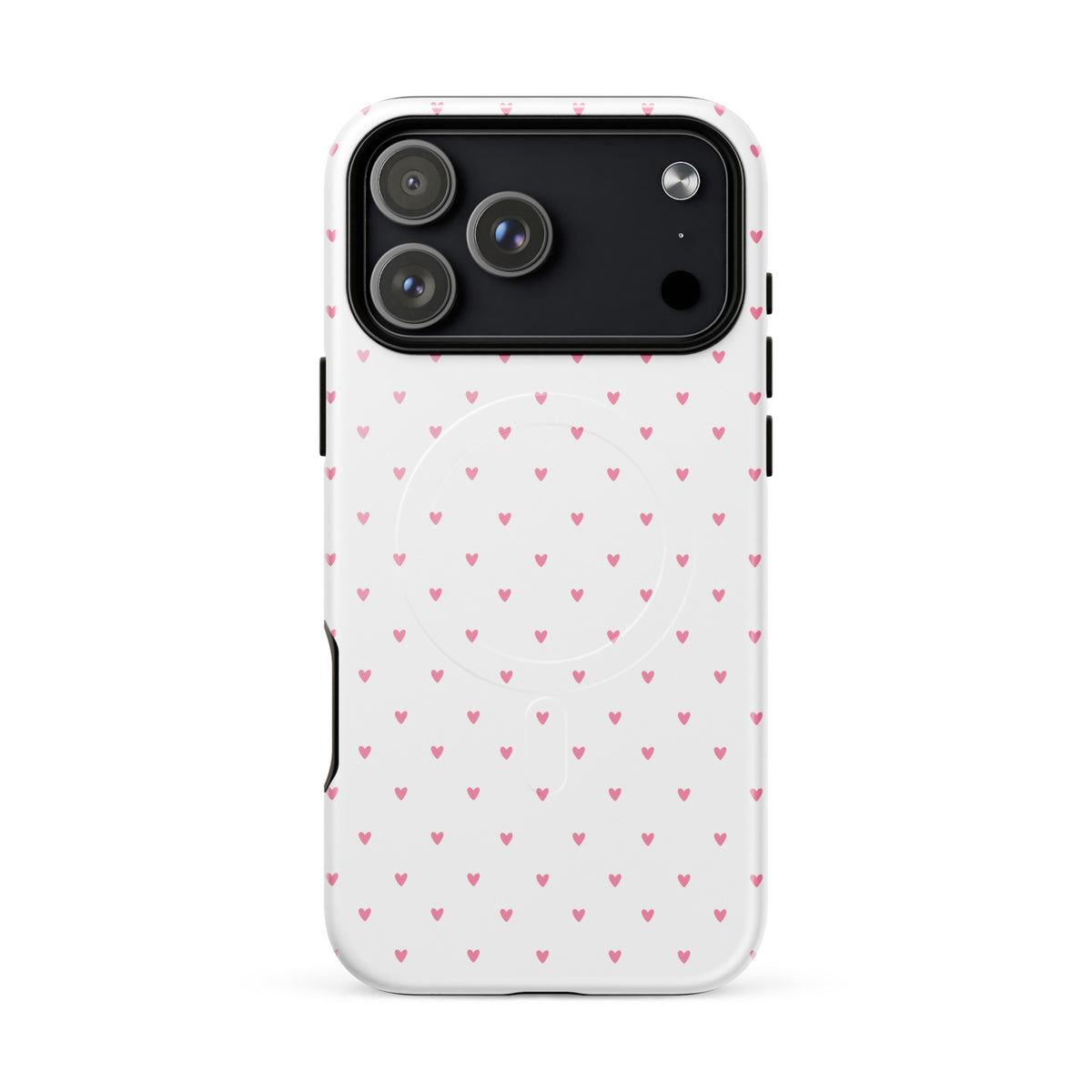 Magnetic Phone Case for iPhone with heart dot pattern in pink on white background.