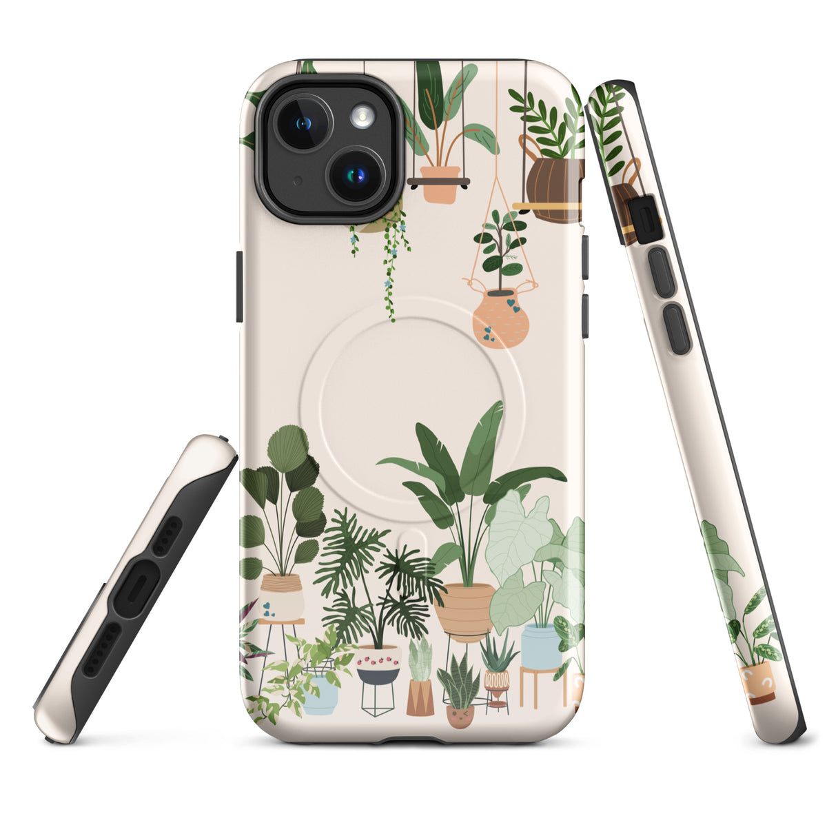Magnetic Phone Case for iPhone featuring botanical bliss design with illustrated hanging planters and potted plants