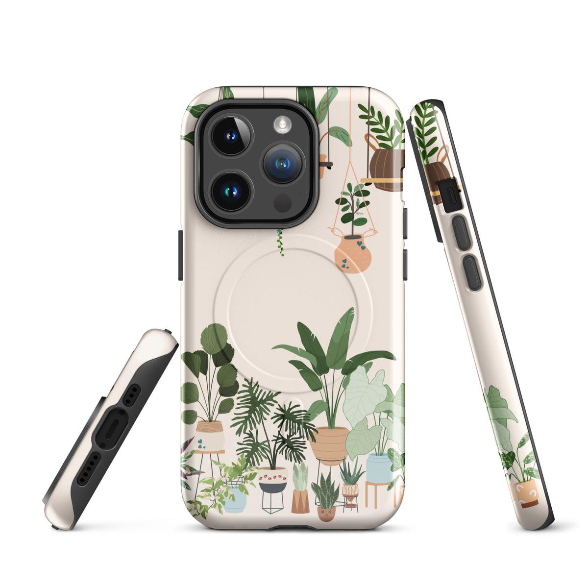 Magnetic Phone Case for iPhone with botanical design featuring hanging planters and potted plants, Botanical Bliss theme.