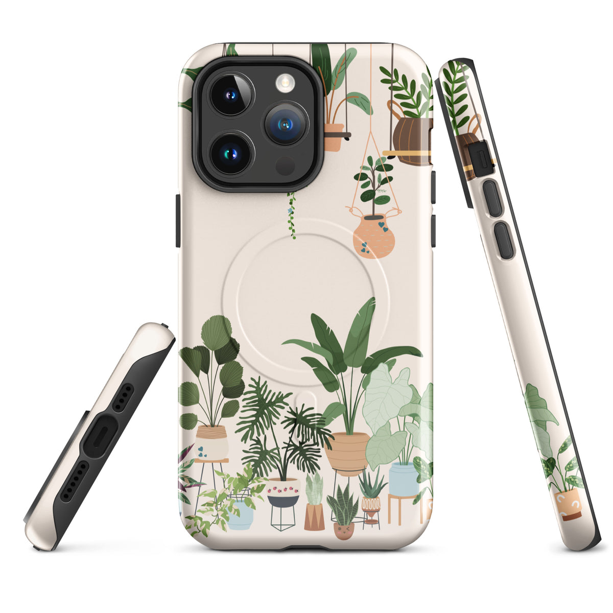 Magnetic Phone Case for iPhone featuring botanical design with hanging planters and potted plants, Botanical Bliss theme.