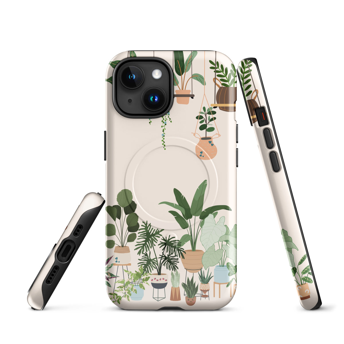 Magnetic Phone Case for iPhone with botanical plant design, featuring potted and hanging planters, called Botanical Bliss.