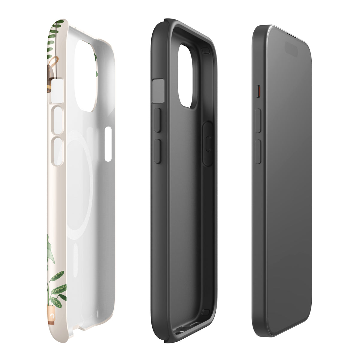 Magnetic Phone Case for iPhone - Botanical Bliss with plant illustrations and hanging planters.