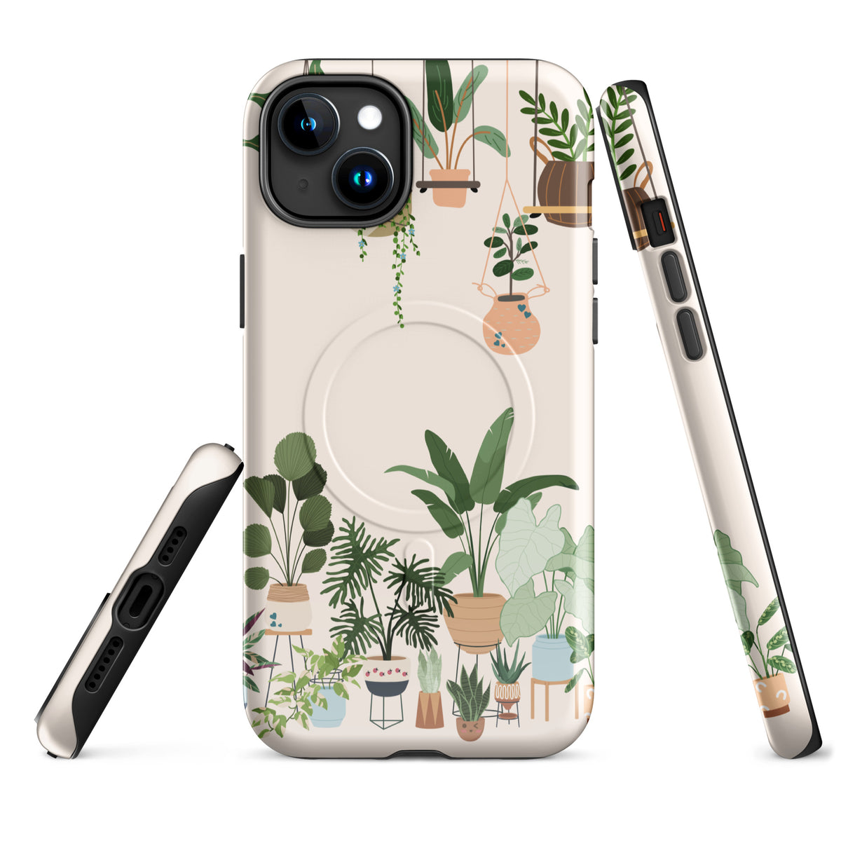Magnetic Phone Case for iPhone featuring botanical design with hanging planters and potted plants, ideal for nature art lovers.