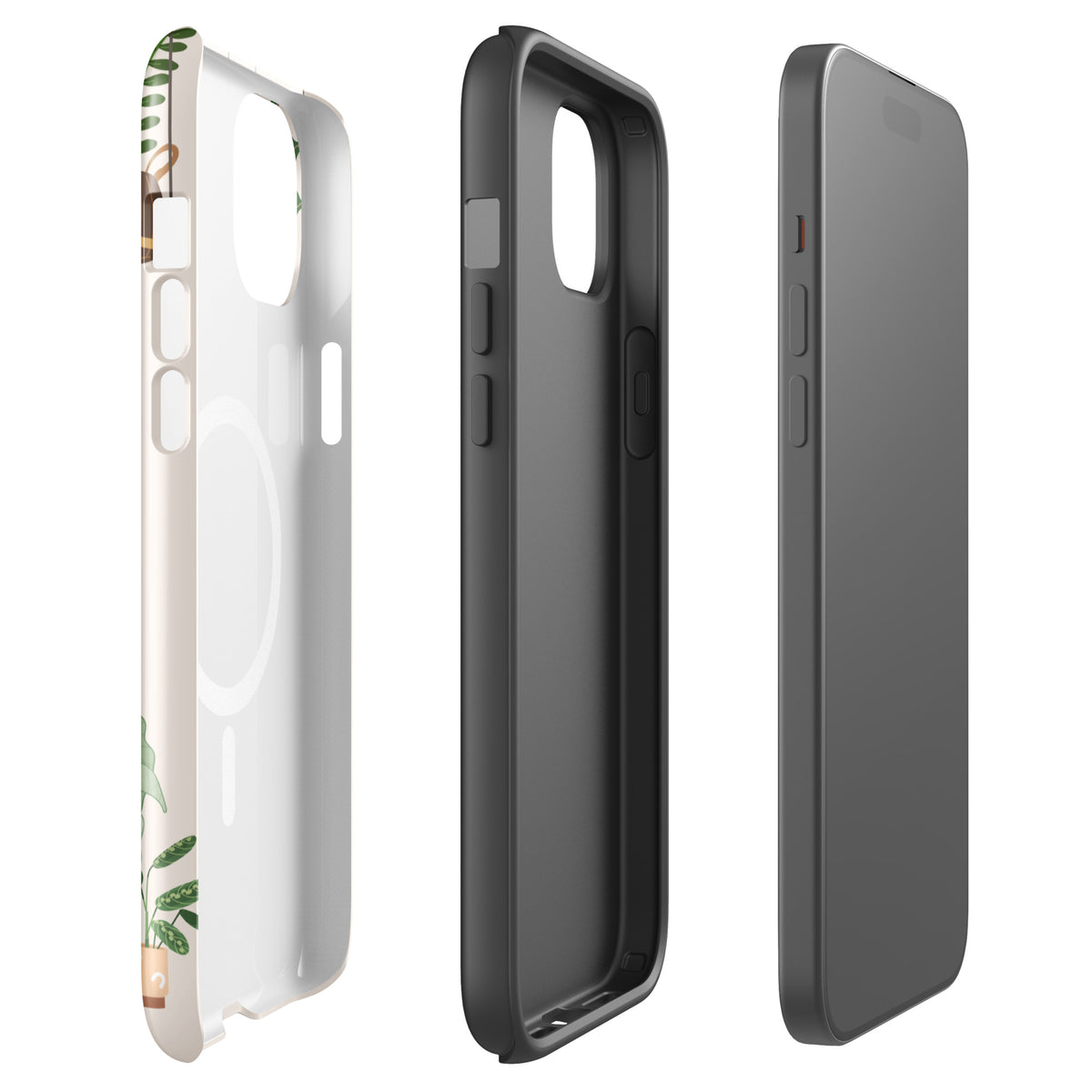 Magnetic Phone Case for iPhone - Botanical Bliss with plant-themed design, hanging planters, and potted plants illustration.